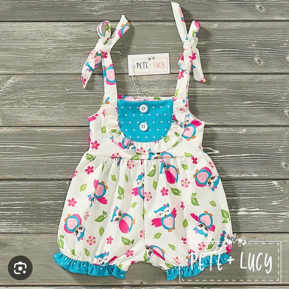 Pete and Lucy White and Blue happy Owl Print Kids Romper